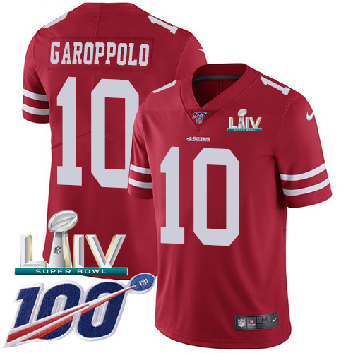 San Francisco 49ers Nike #10 Jimmy Garoppolo Red Super Bowl LIV 2020 Team Color Youth Stitched NFL 100th Season Vapor Limited Jersey